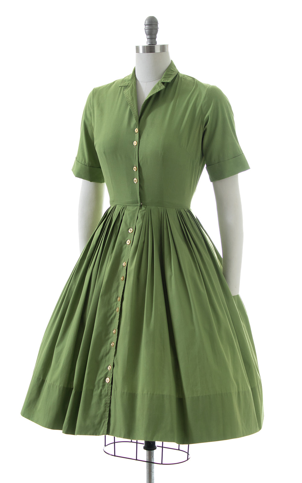 1950s Green Cotton Shirtwaist Dress | small Birthday Life Vintage 1950s Green Cotton Shirtwaist Dress | small Birthday Life Vintage