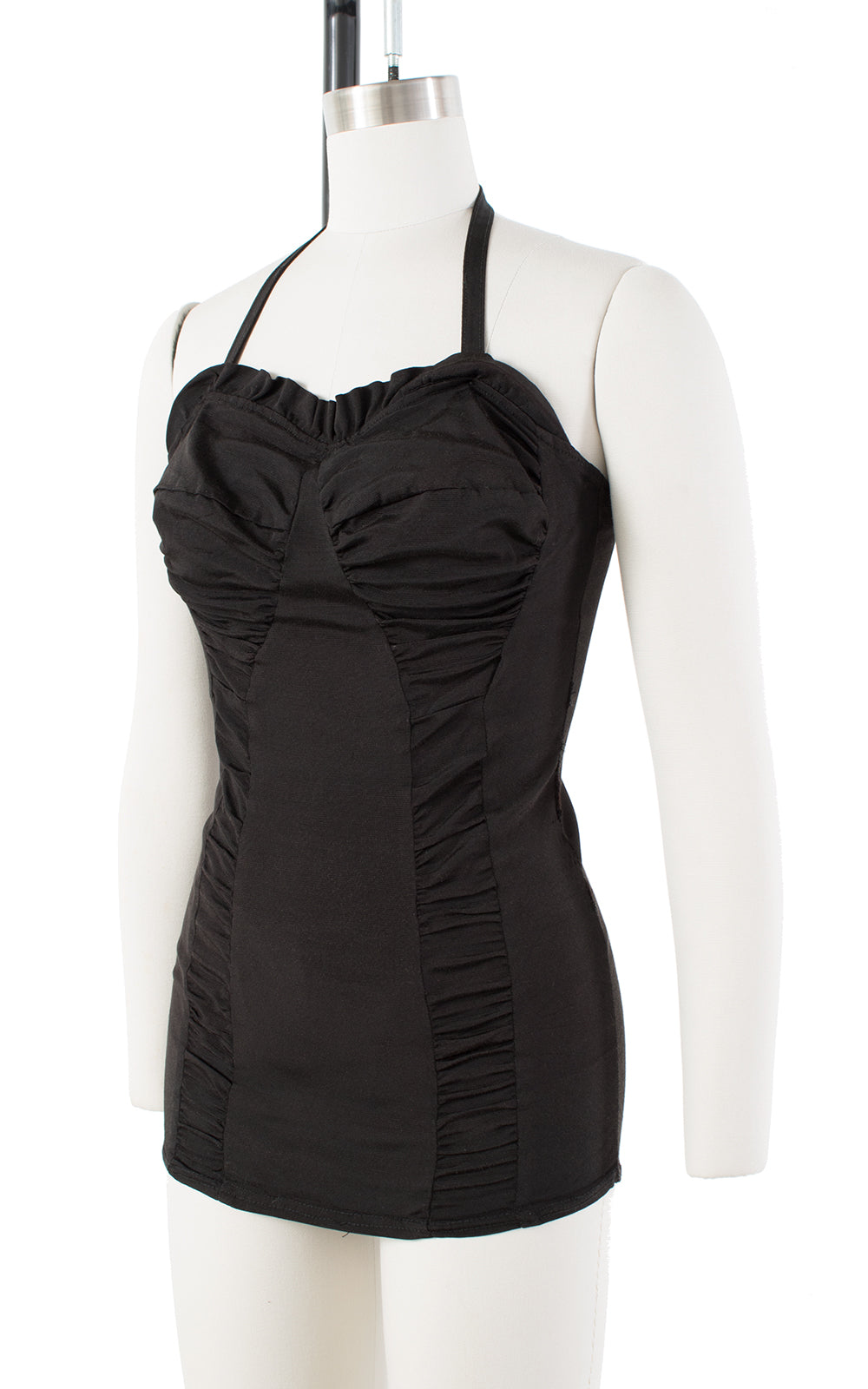 1950s Ruched Black Halter or Strapless Swimsuit