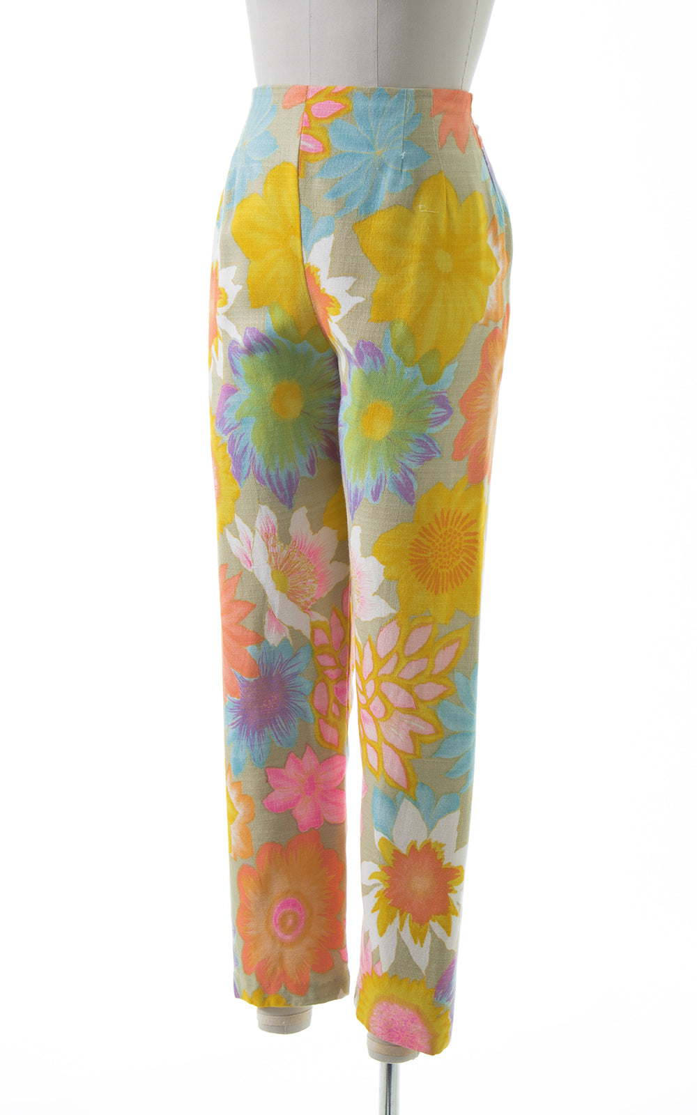 1960s Colorful Floral Cotton High Waisted Pants