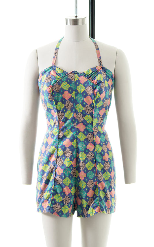 1950s Floral Medallion Cotton Halter Romper