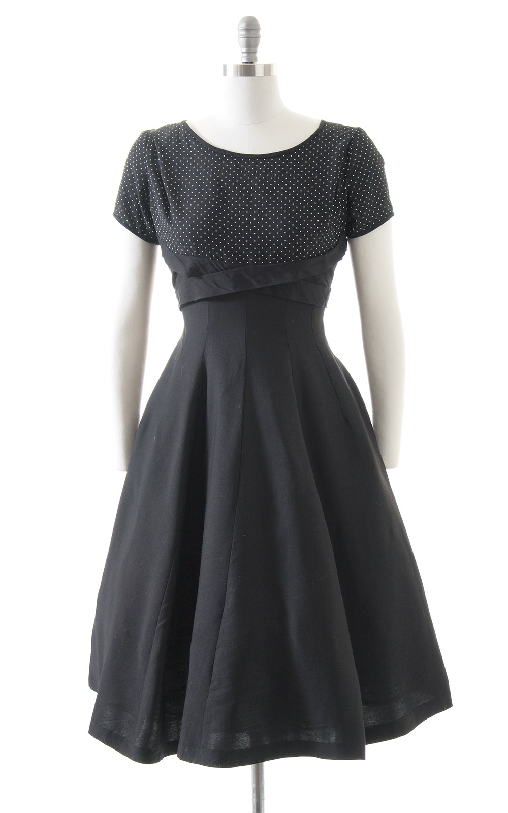 1950s Polka Dot Black Swing Dress