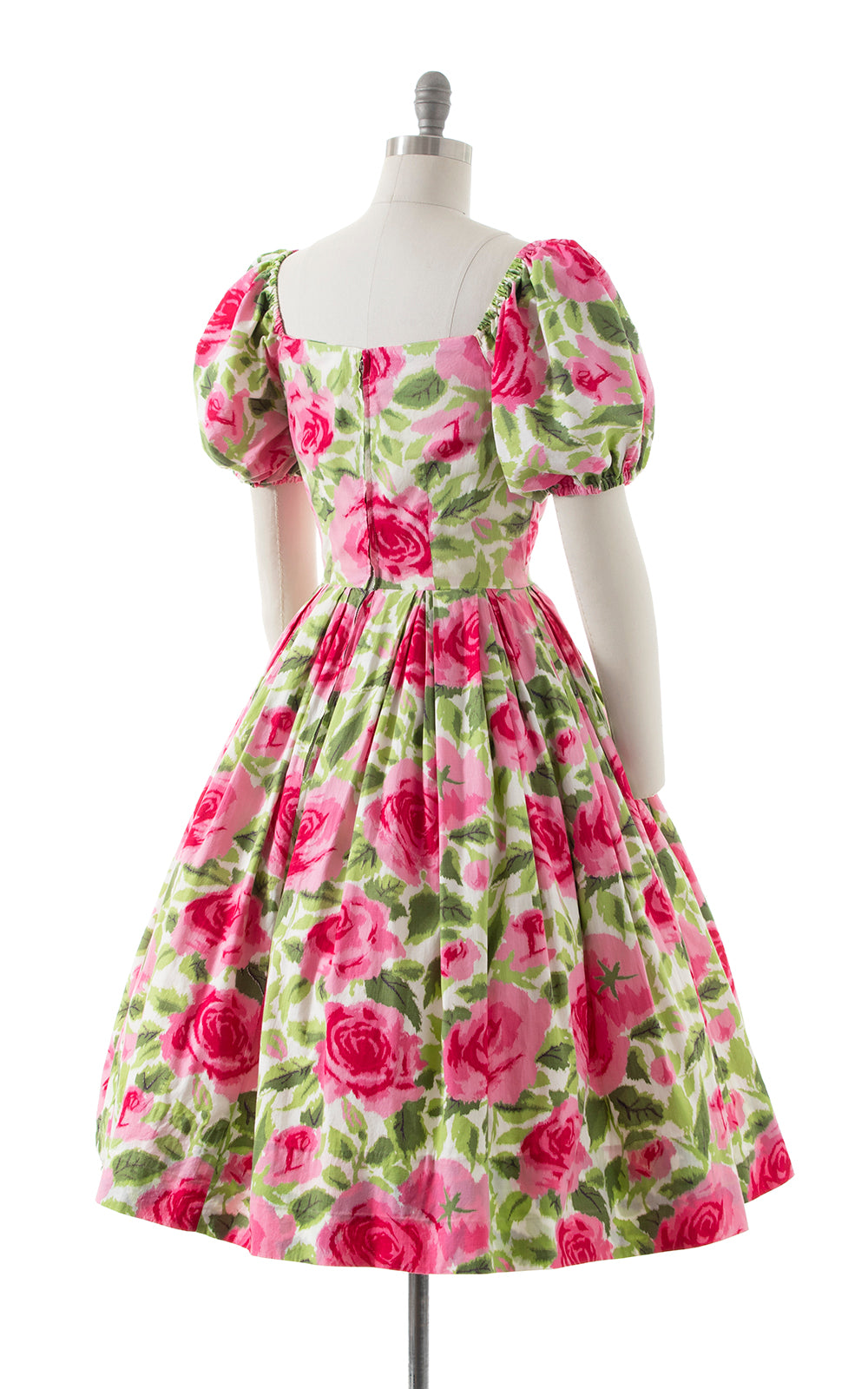 1950s Rose Cotton Puff Sleeve Dress | small/medium