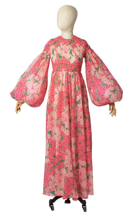 1960s Hydrangea Floral Chiffon Balloon Sleeve Maxi Gown