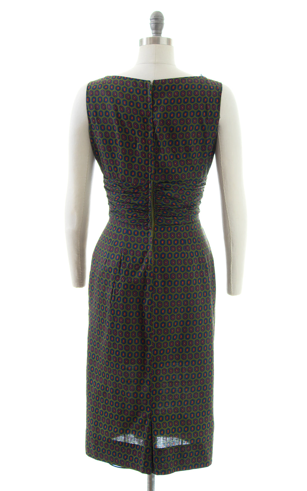 1950s Paisley Green Cotton Wiggle Dress