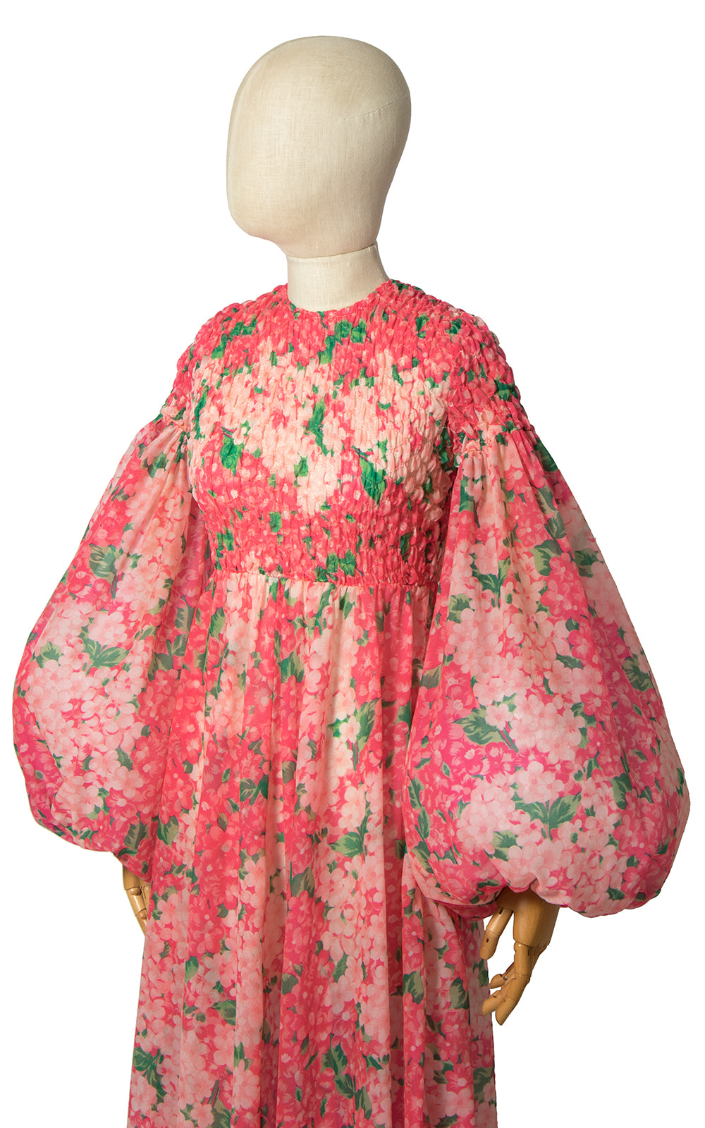 1960s Hydrangea Floral Chiffon Balloon Sleeve Maxi Gown