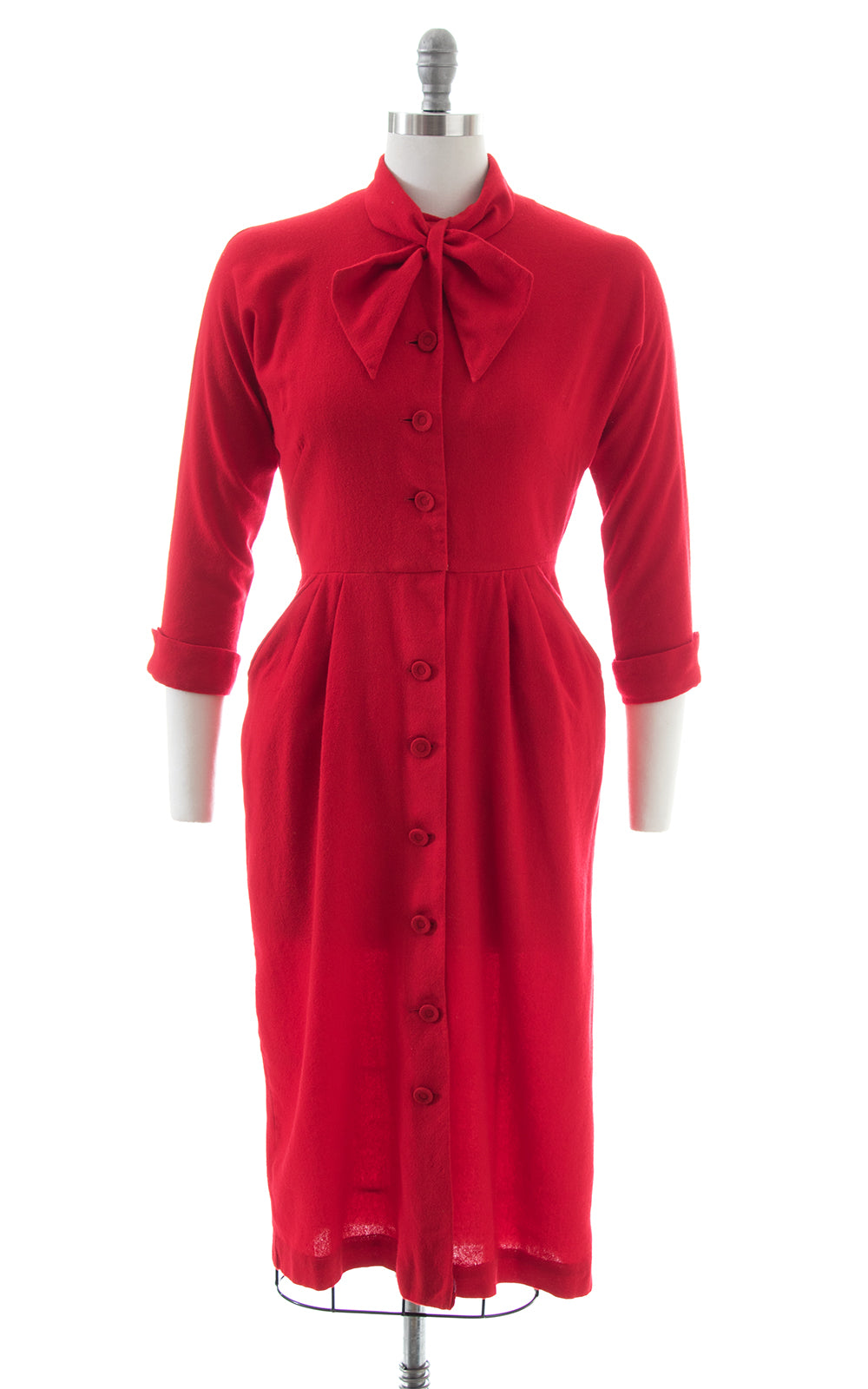 1950s Red Hot Wool Shirtwaist Wiggle Dress