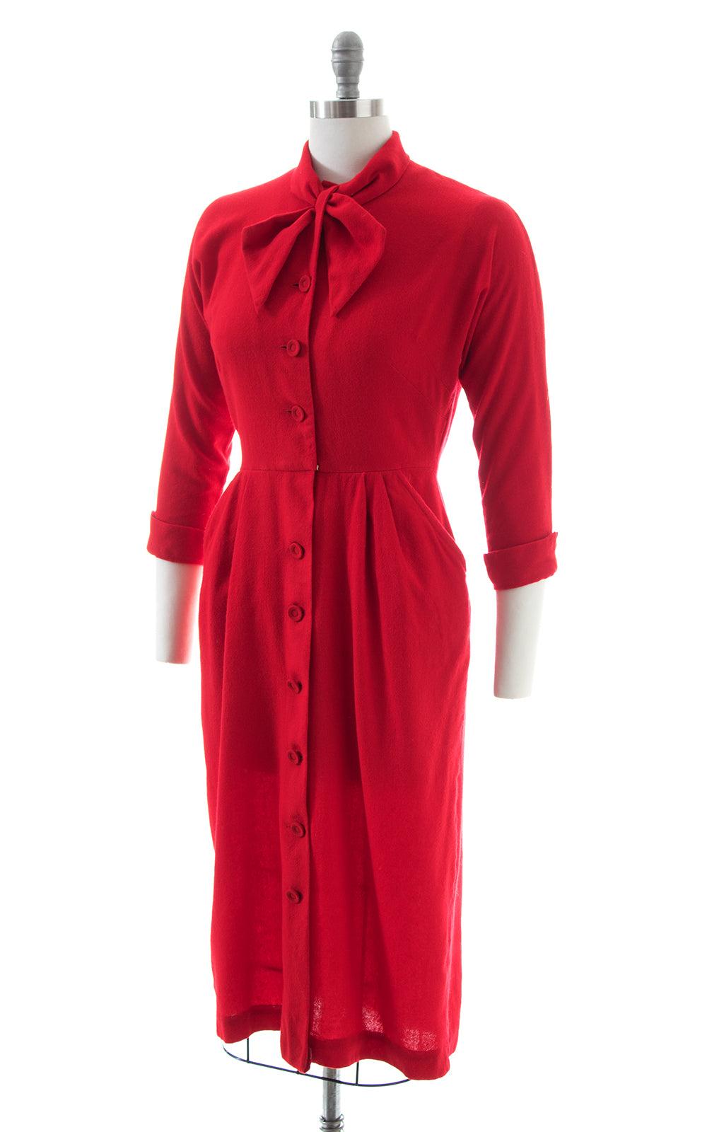 1950s Red Hot Wool Shirtwaist Wiggle Dress