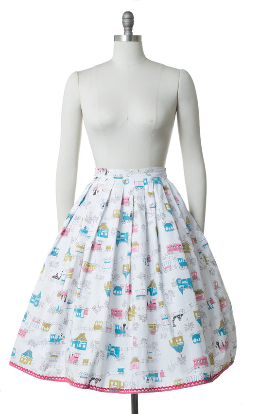 1950s Trains Novelty Print Cotton Skirt