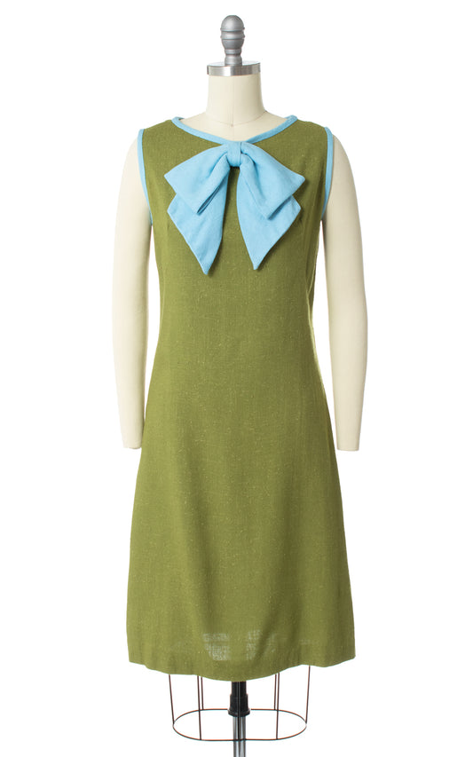 1960s Big Bow Green Linen Shift Sundress