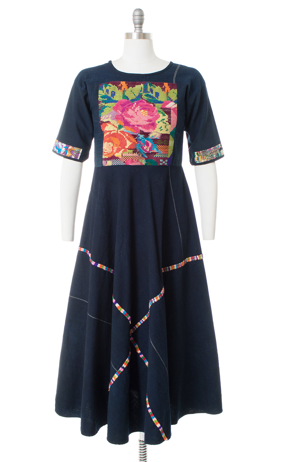 1970s Rose Embroidered Huipil Maxi Dress