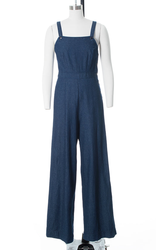 1940s Style Denim Side Button Wide Leg Overalls