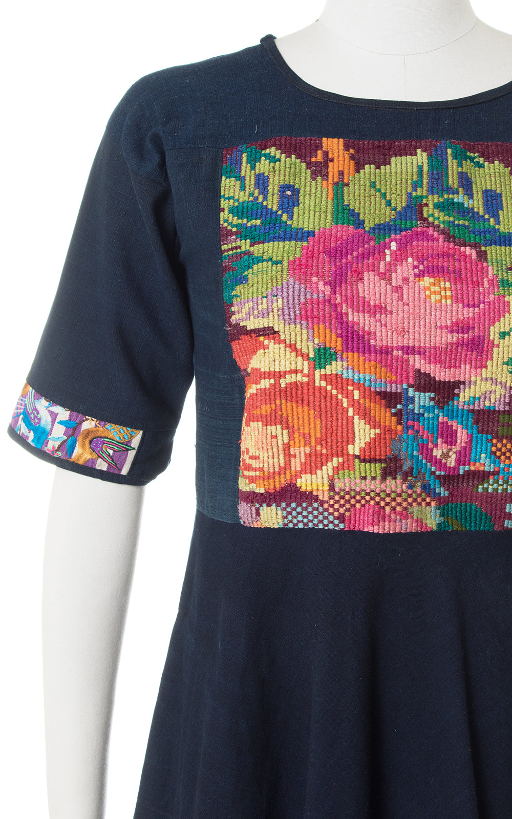 1970s Rose Embroidered Huipil Maxi Dress