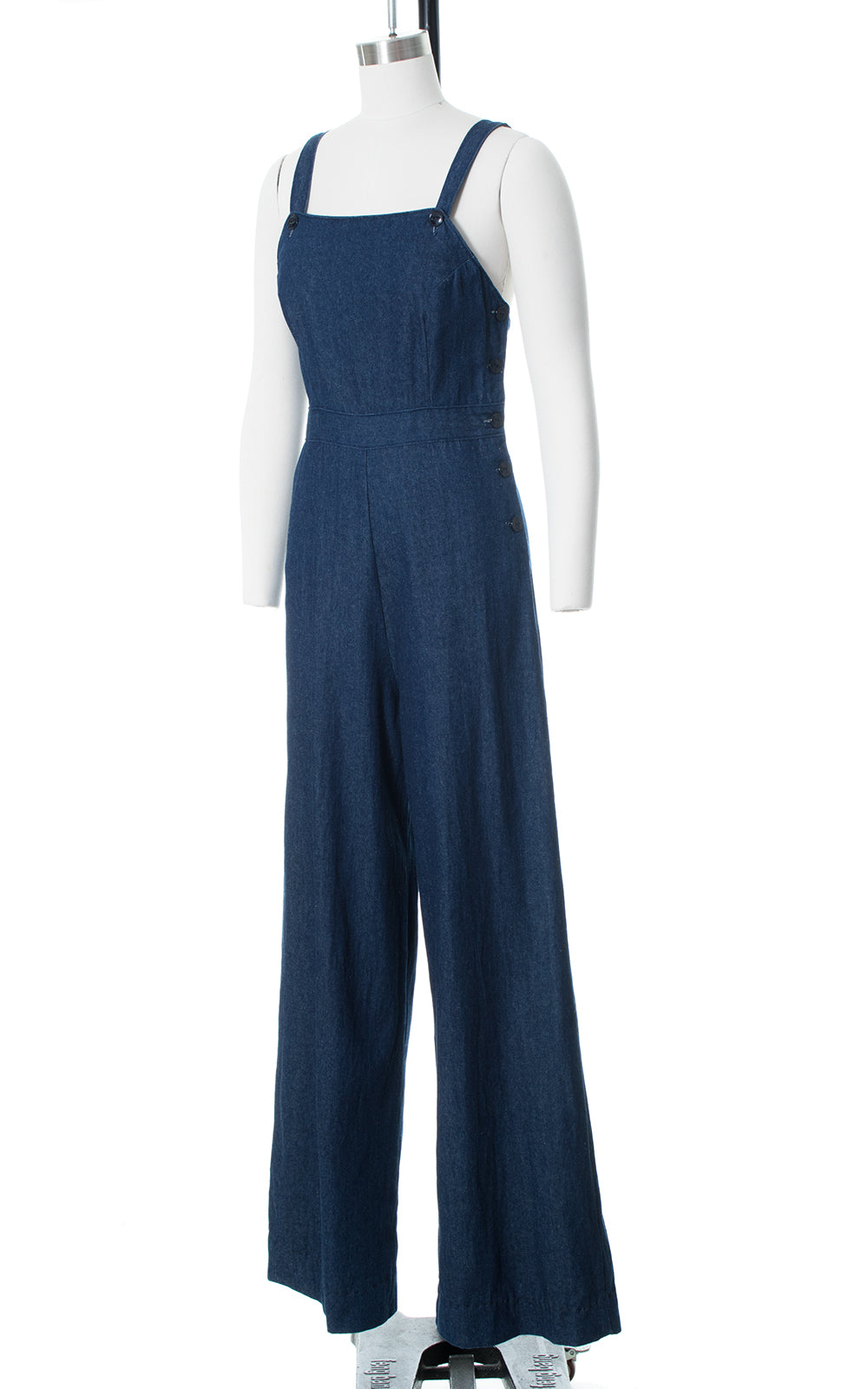 1940s Style Denim Side Button Wide Leg Overalls