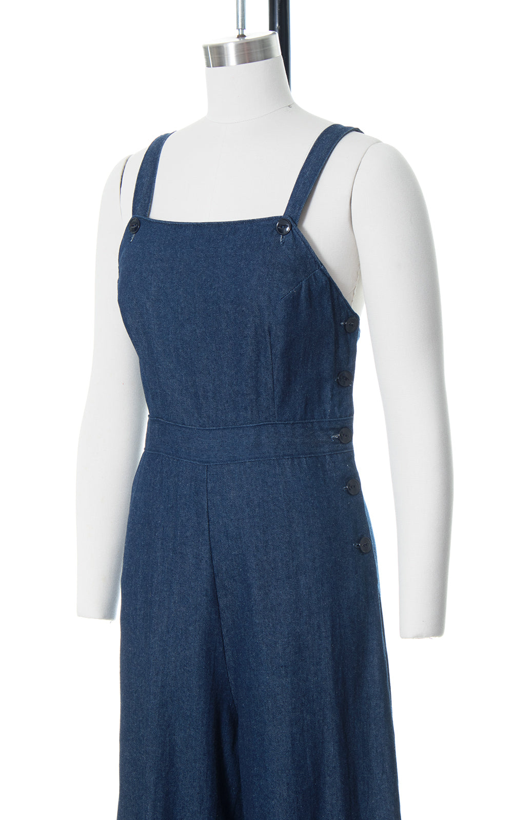 1940s Style Denim Side Button Wide Leg Overalls