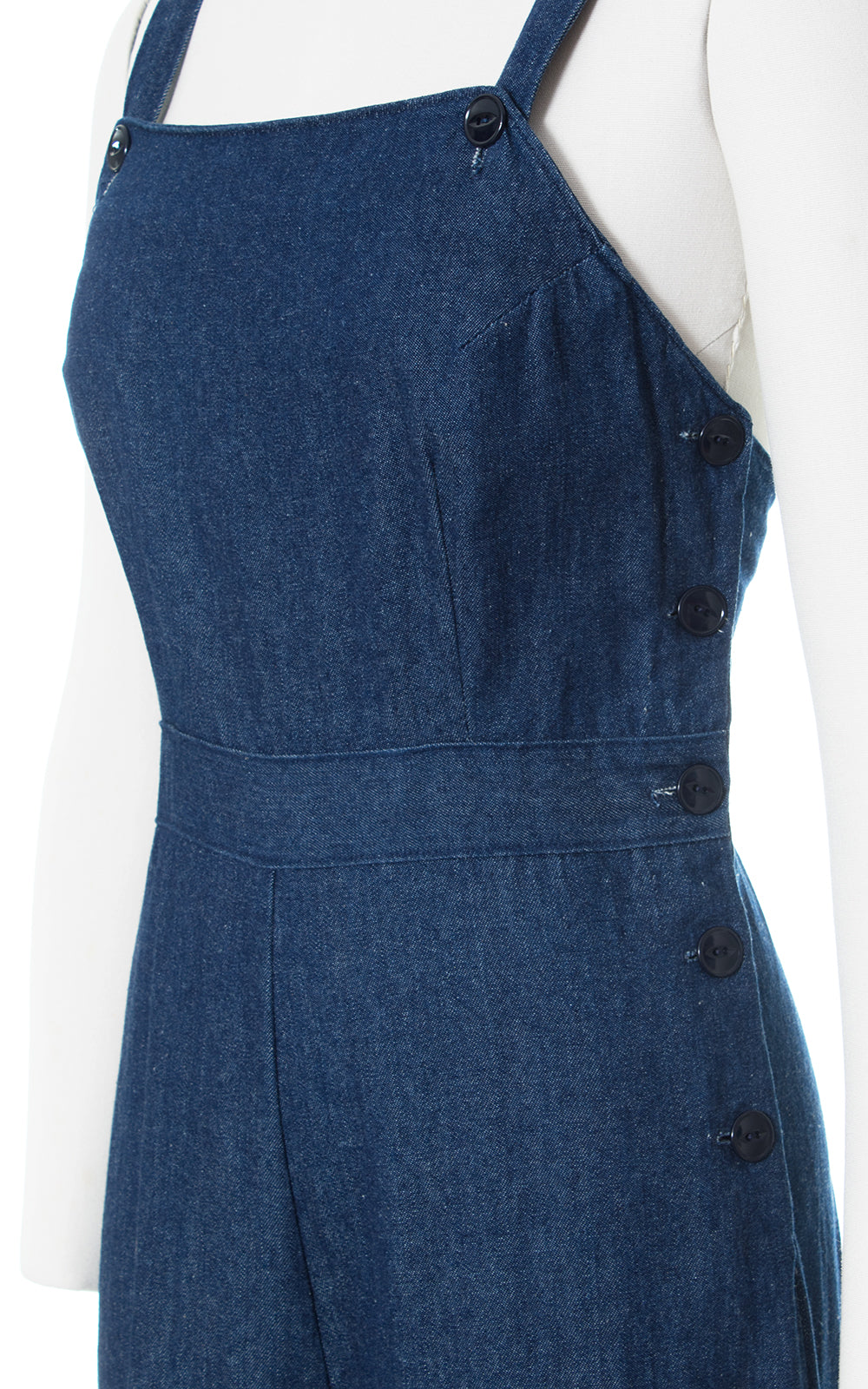 1940s Style Denim Side Button Wide Leg Overalls