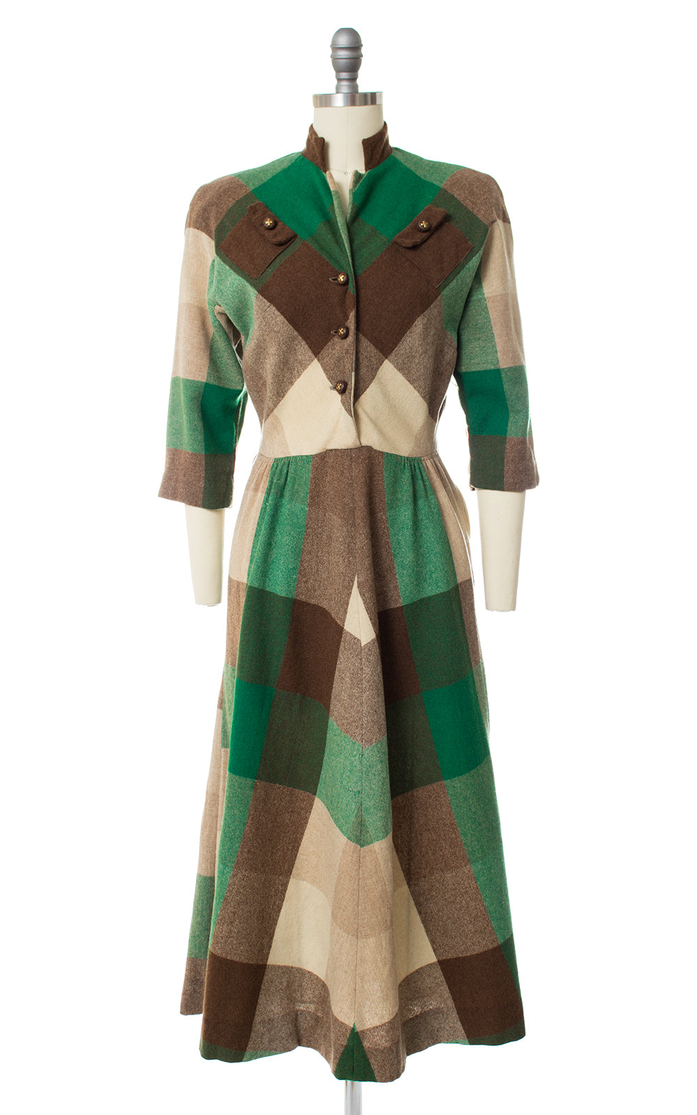 1940s Plaid Wool Shirtwaist Dress