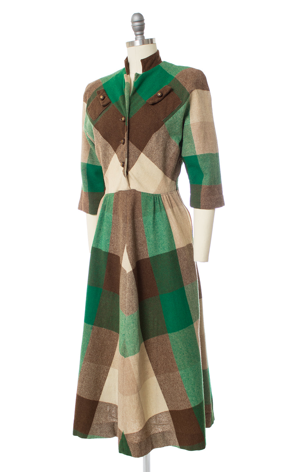 1940s Plaid Wool Shirtwaist Dress