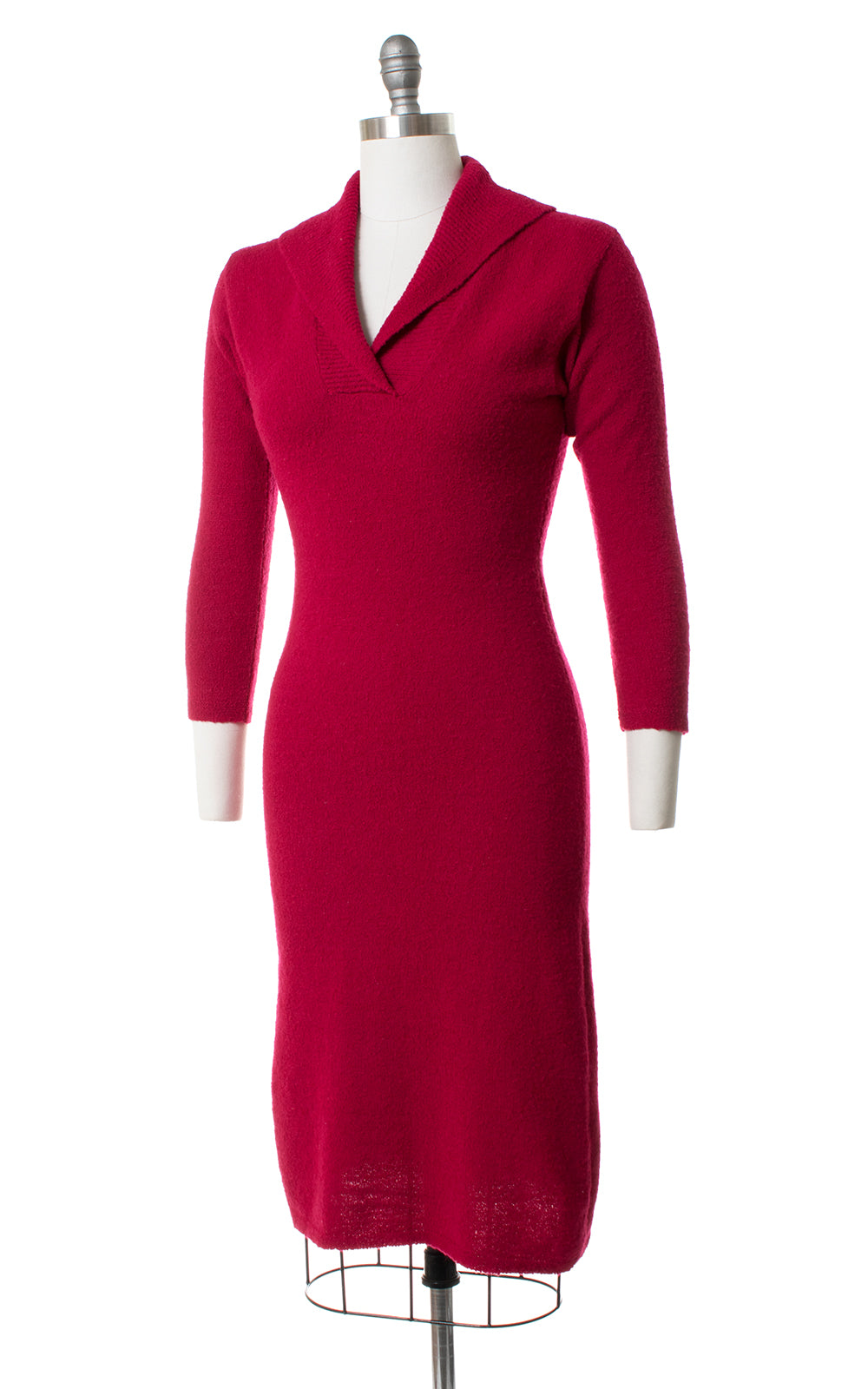 1950s Raspberry Wool Chenille Sweater Dress