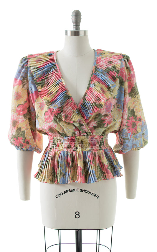 1980s Floral Ruffled Peplum Puff Sleeve Blouse