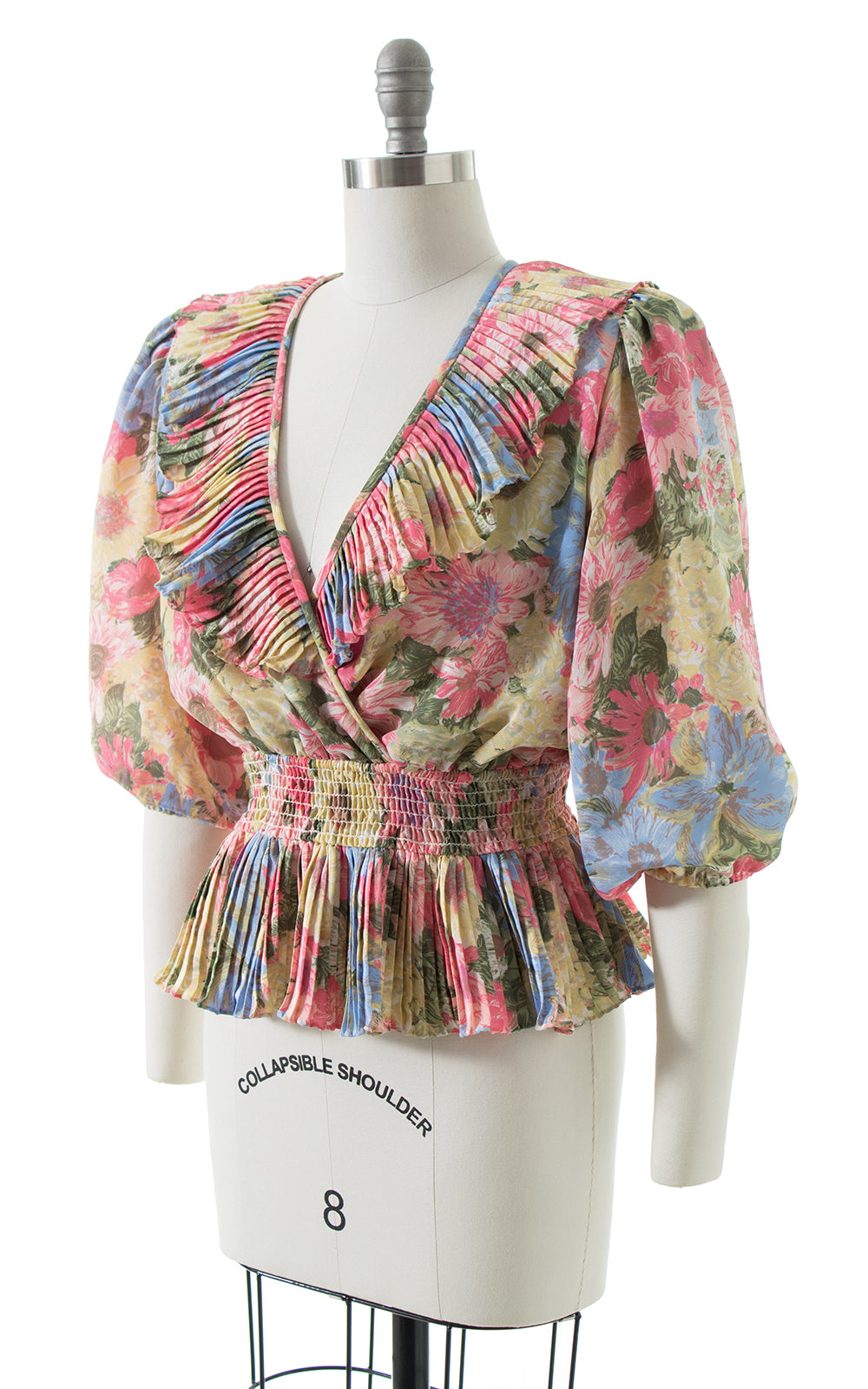 1980s Floral Ruffled Peplum Puff Sleeve Blouse