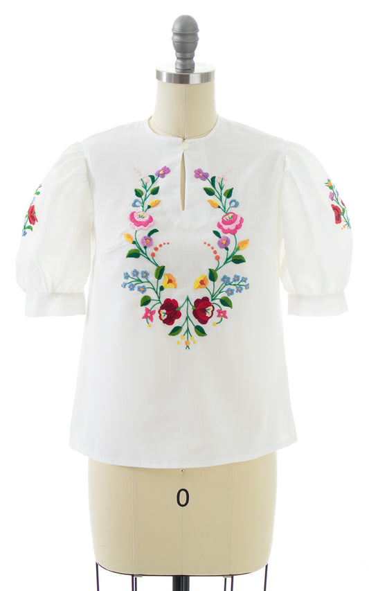 1970s Floral Embroidered Puff Sleeve Peasant Top | x-small/small