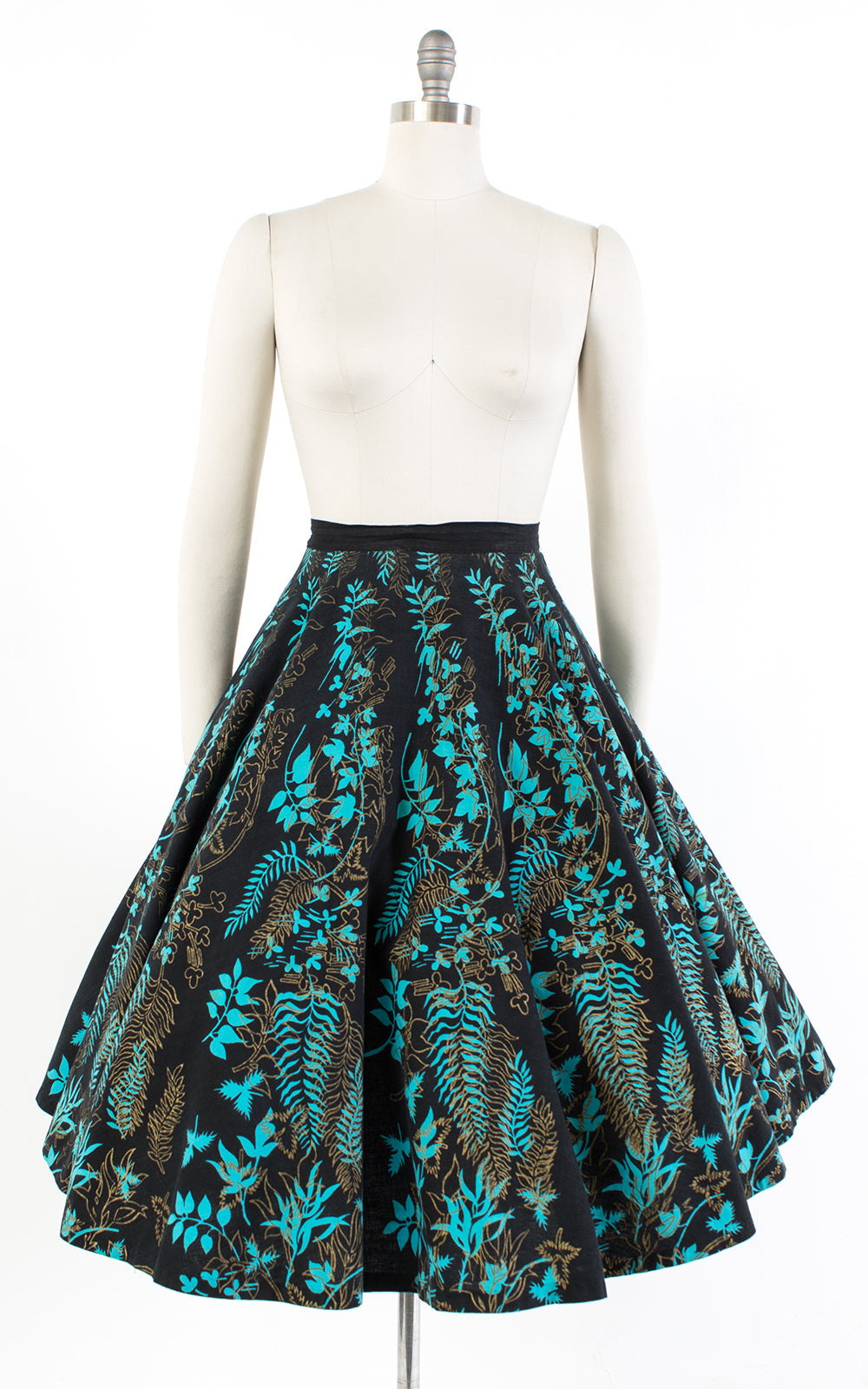 1950s Mexican Metallic Fern Black Cotton Circle Skirt | medium