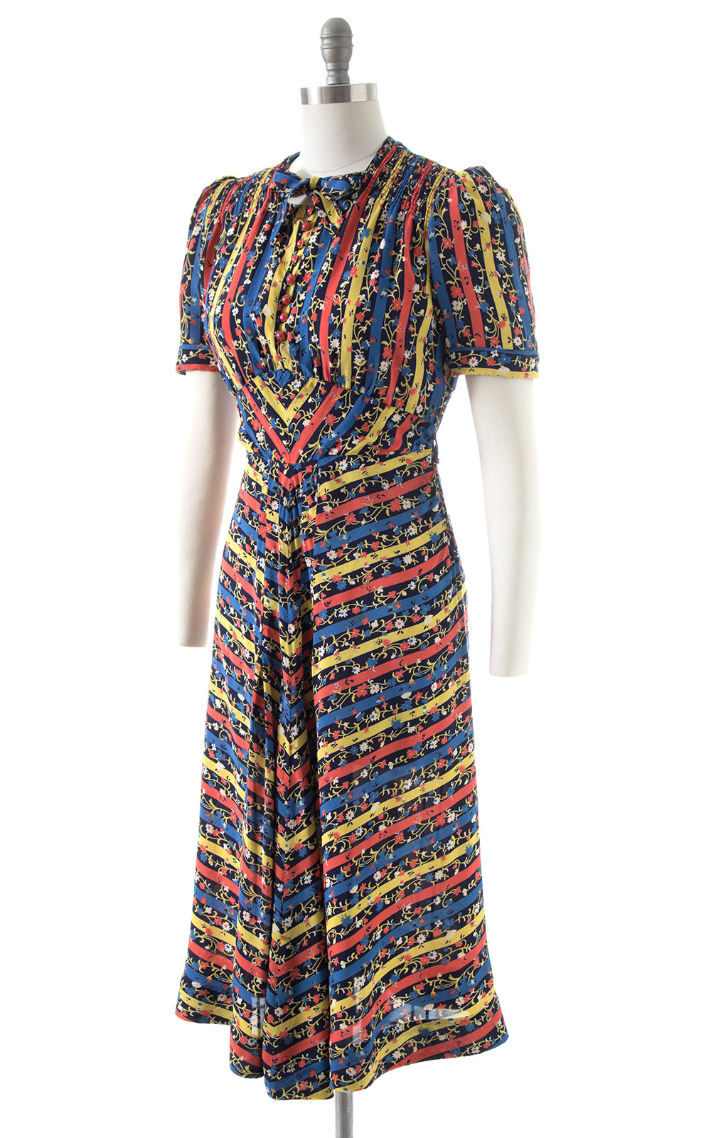 1940s Striped Floral Rayon Shirt Dress