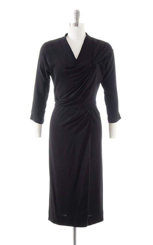 1940s DOROTHY O'HARA Black Rayon Draped Wiggle Dress | small