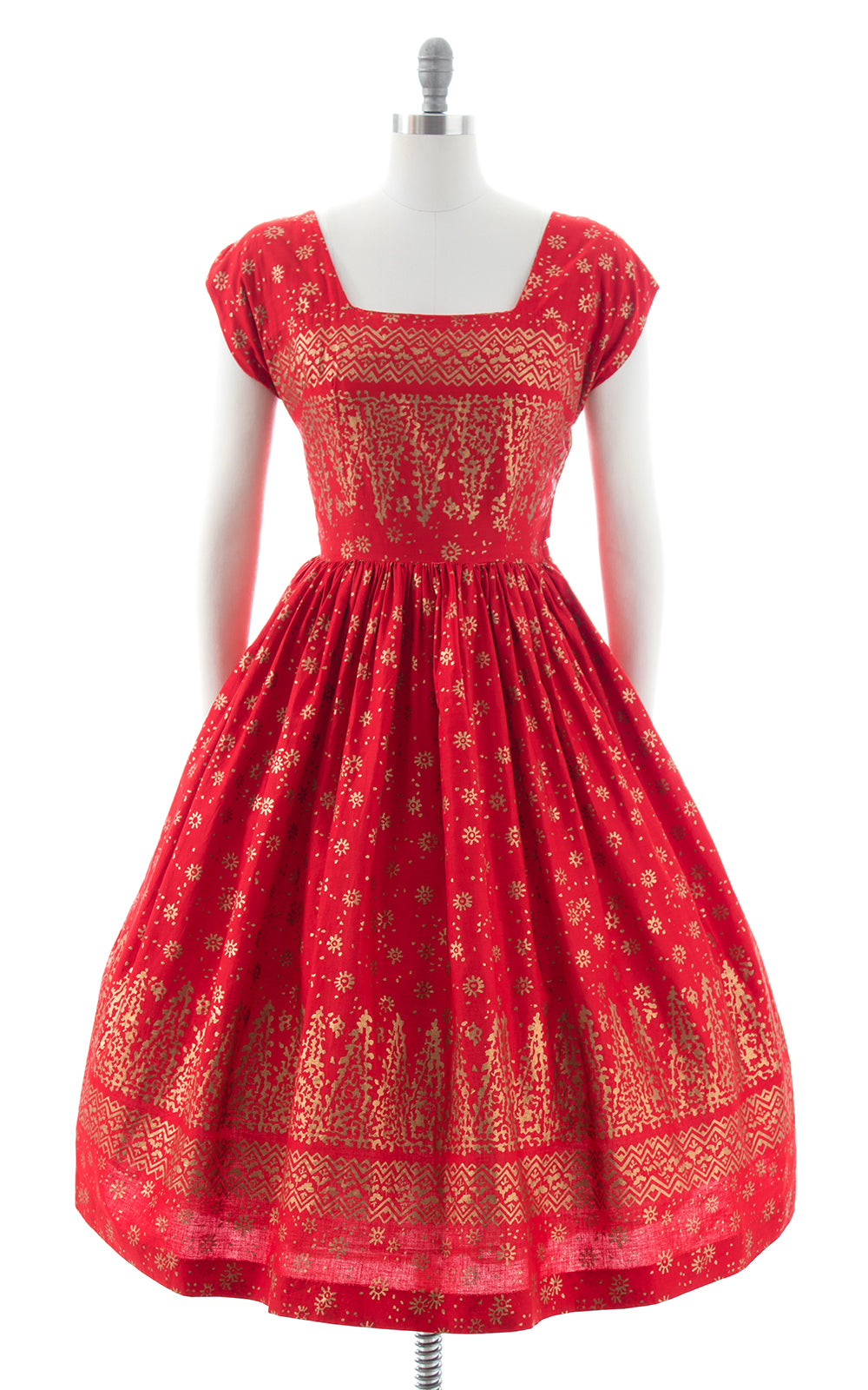 1950s Metallic Gold & Red Cotton Dress