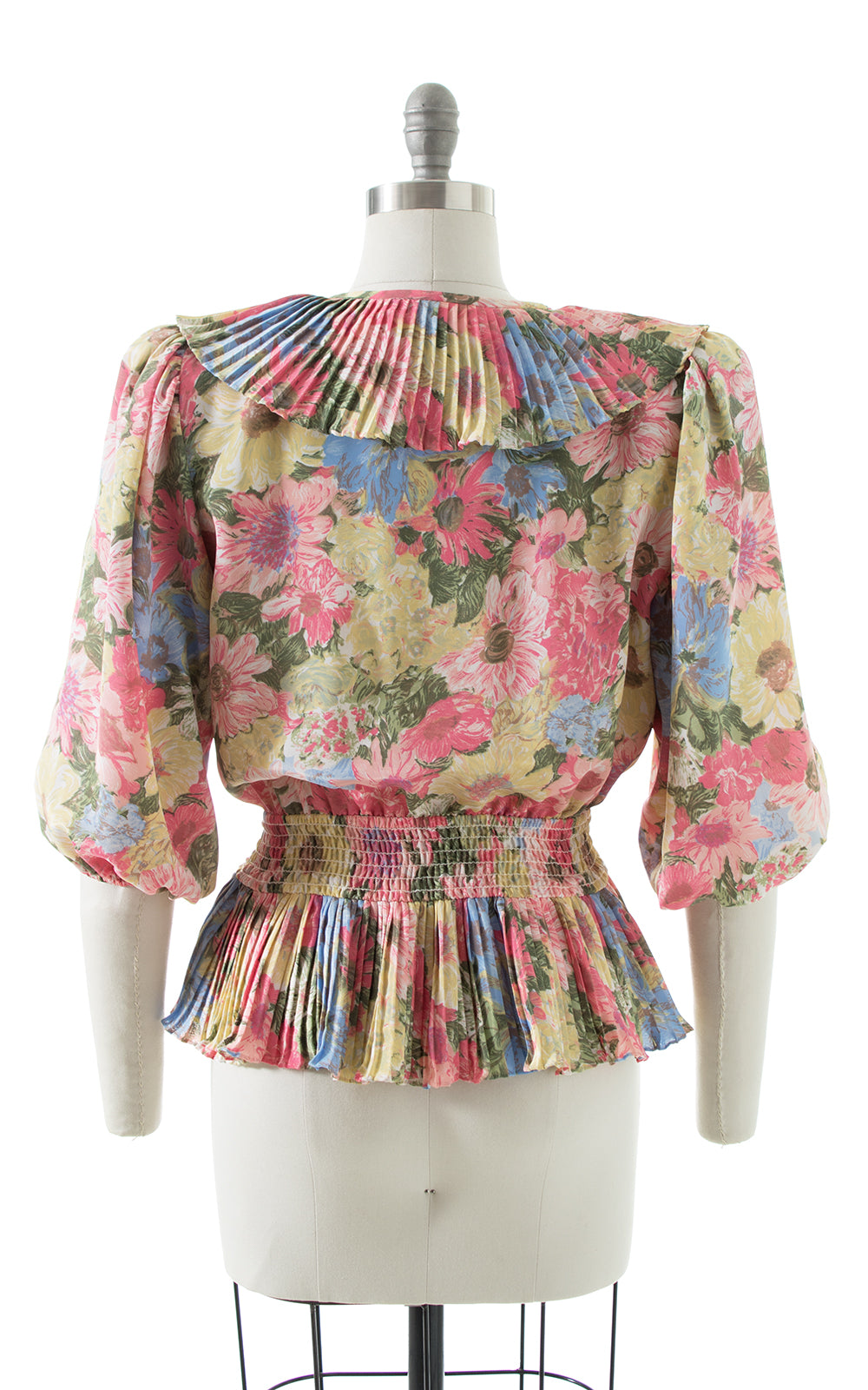 1980s Floral Ruffled Peplum Puff Sleeve Blouse