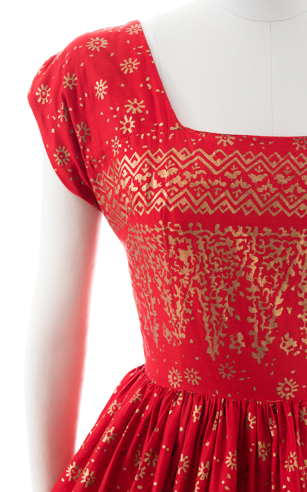 1950s Metallic Gold & Red Cotton Dress