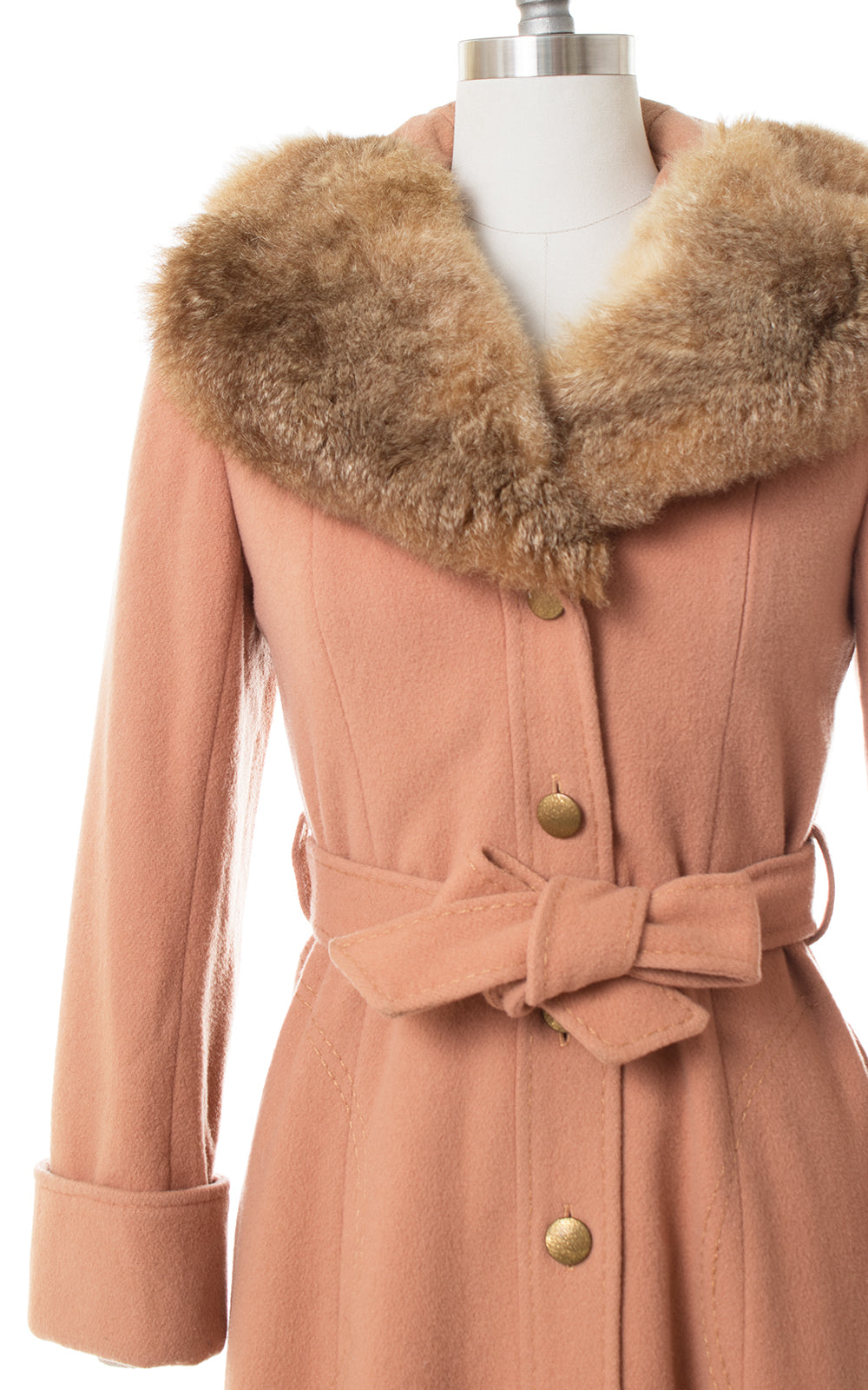 1970s Fur Hooded Dusty Rose Wool Princess Coat