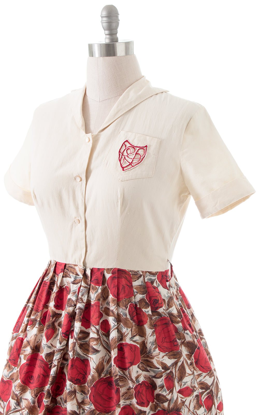 1950s Rose Print Cotton Shirtwaist Dress