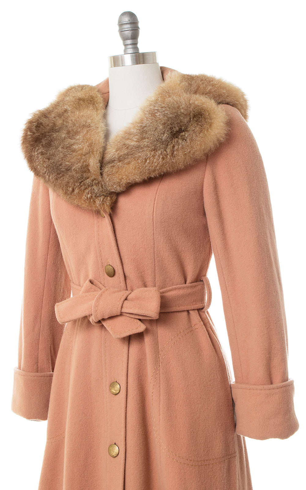 1970s Fur Hooded Dusty Rose Wool Princess Coat