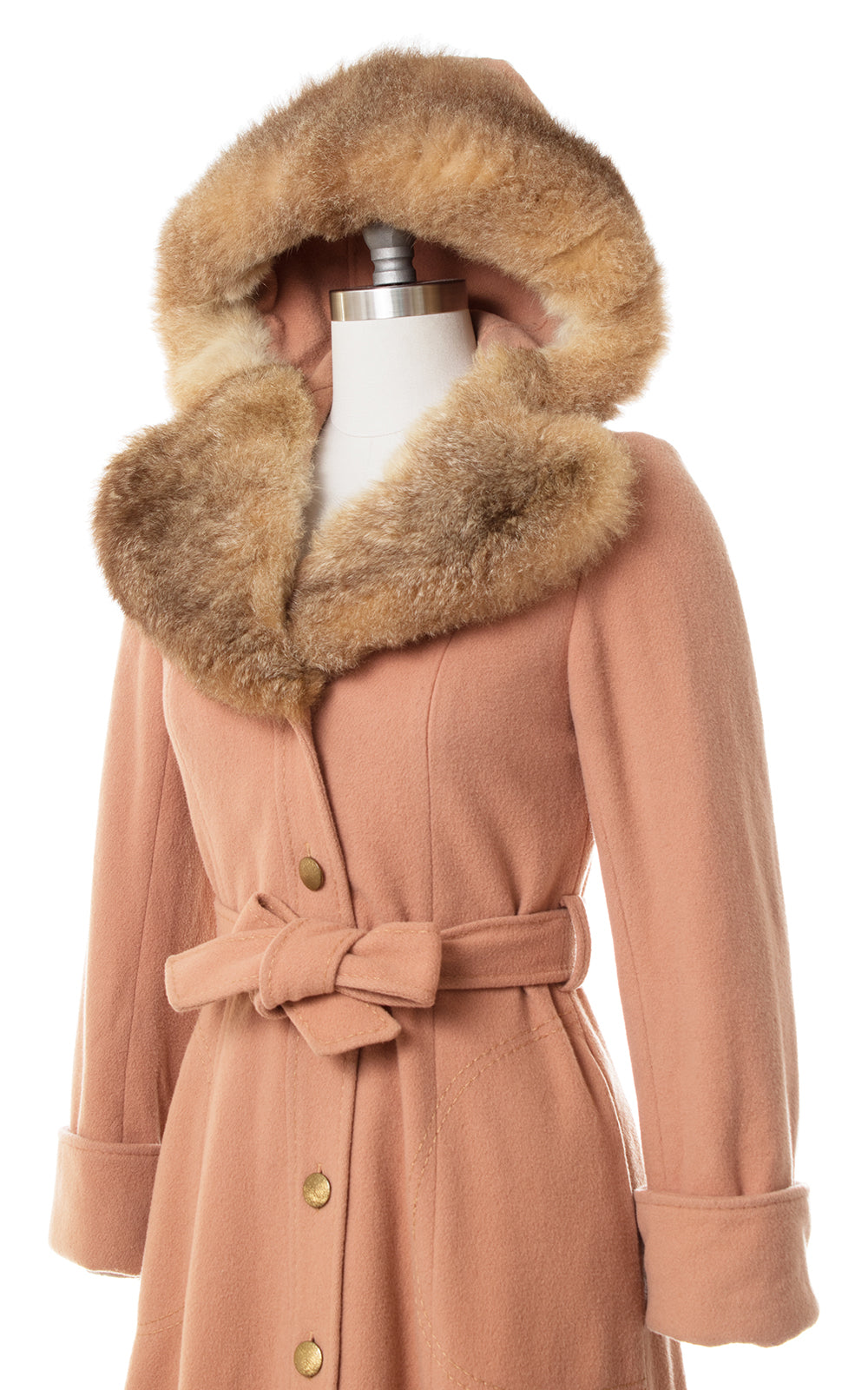 1970s Fur Hooded Dusty Rose Wool Princess Coat