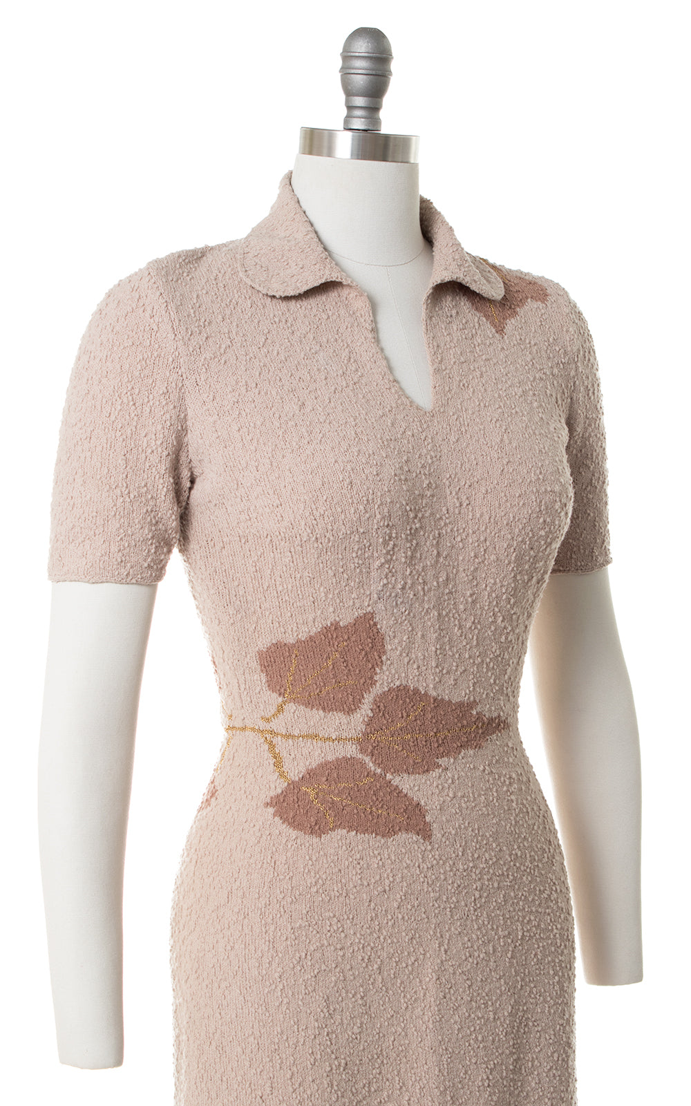 1950s Metallic Leaf Bouclé Knit Wool Sweater Dress