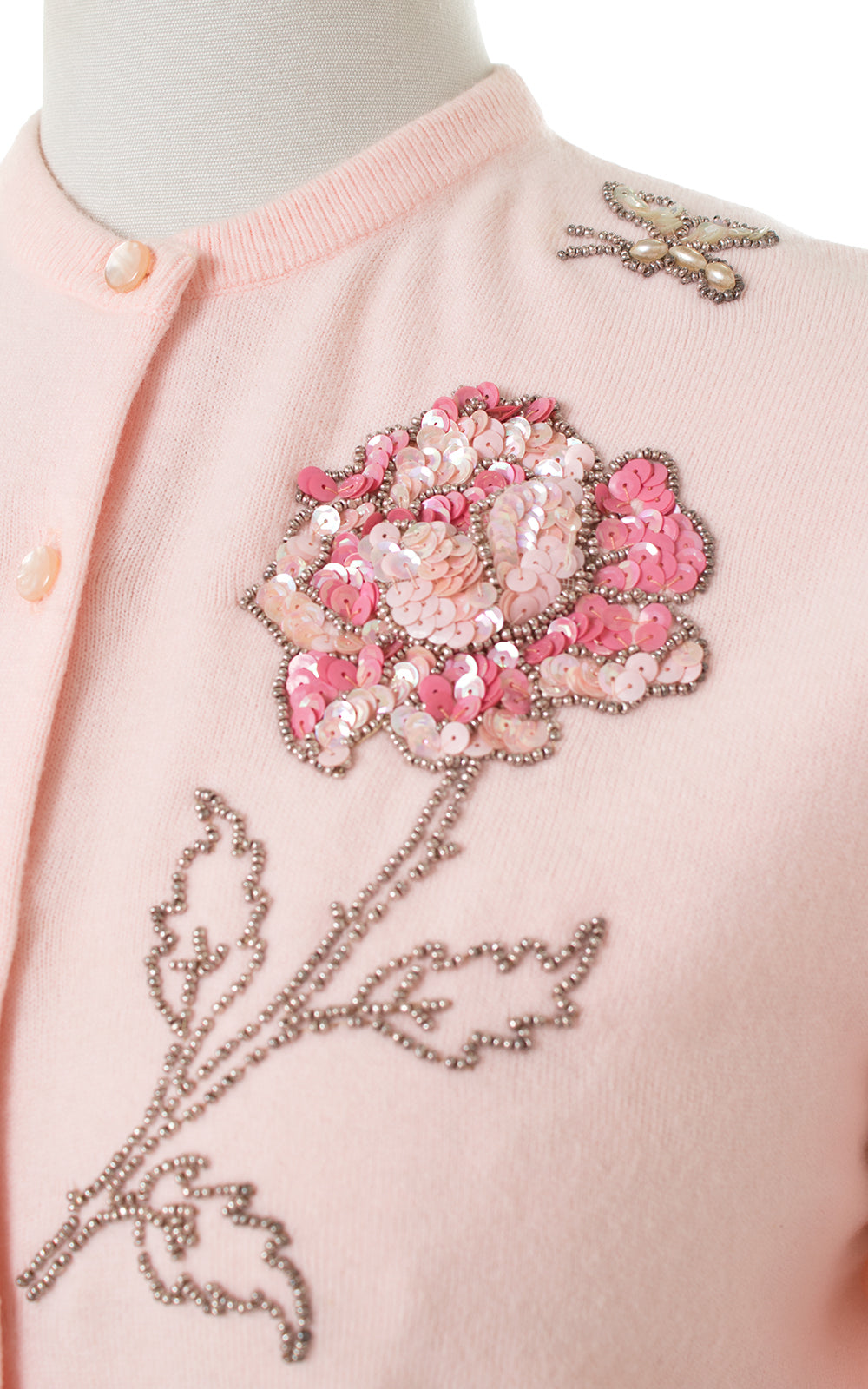 1950s Sequin Rose + Butterfly Pink Cardigan