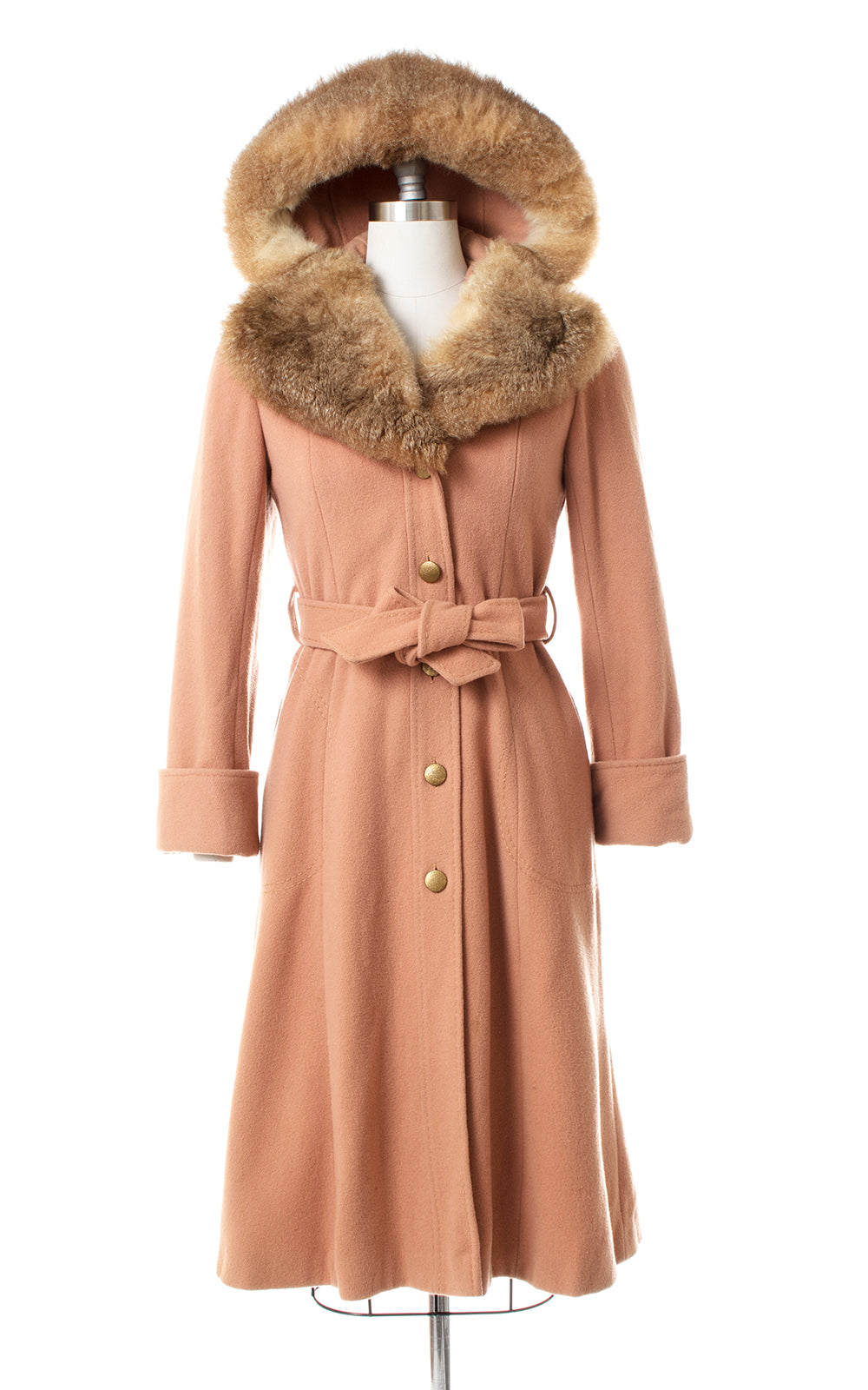 1970s Fur Hooded Dusty Rose Wool Princess Coat