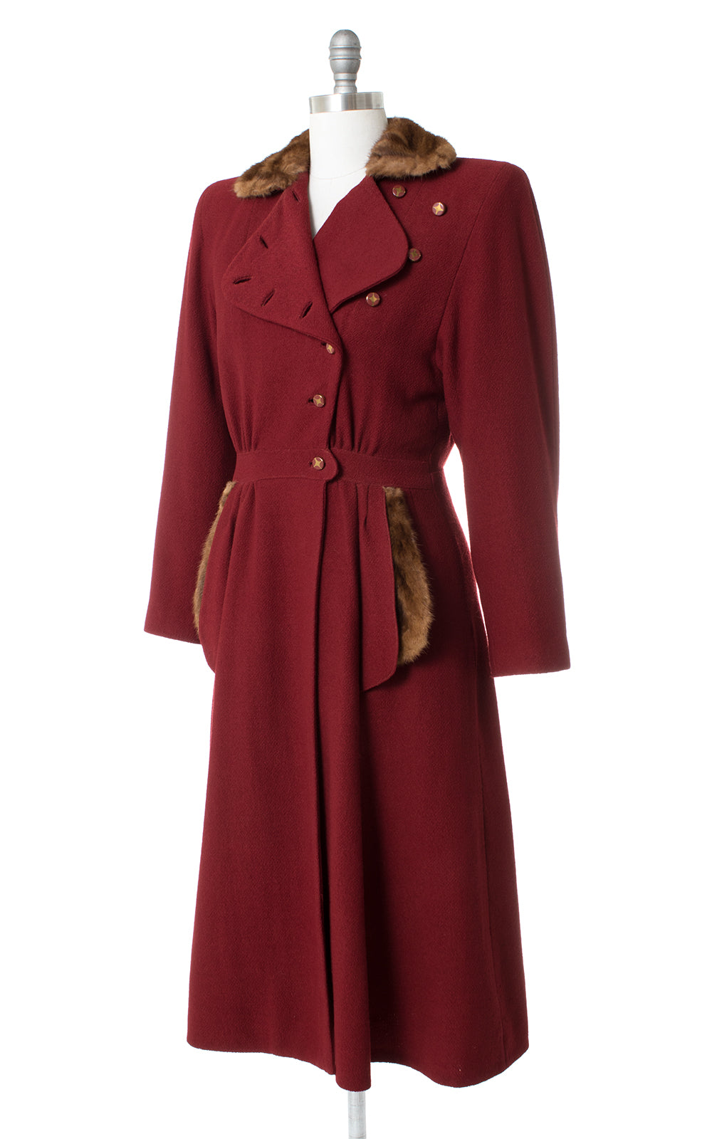 1930s 1940s Fur Trim Burgundy Wool Princess Coat