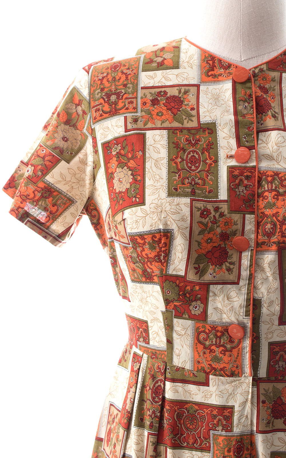 1960s Floral Geometric Cotton Shirtwaist Dress