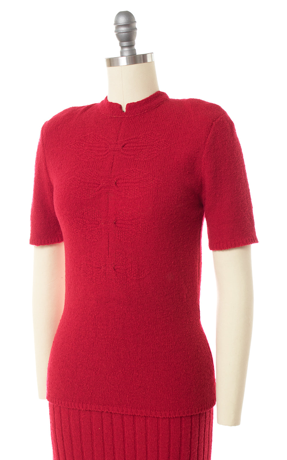 1940s 1950s Bright Red Knit Wool Sweater & Skirt Set