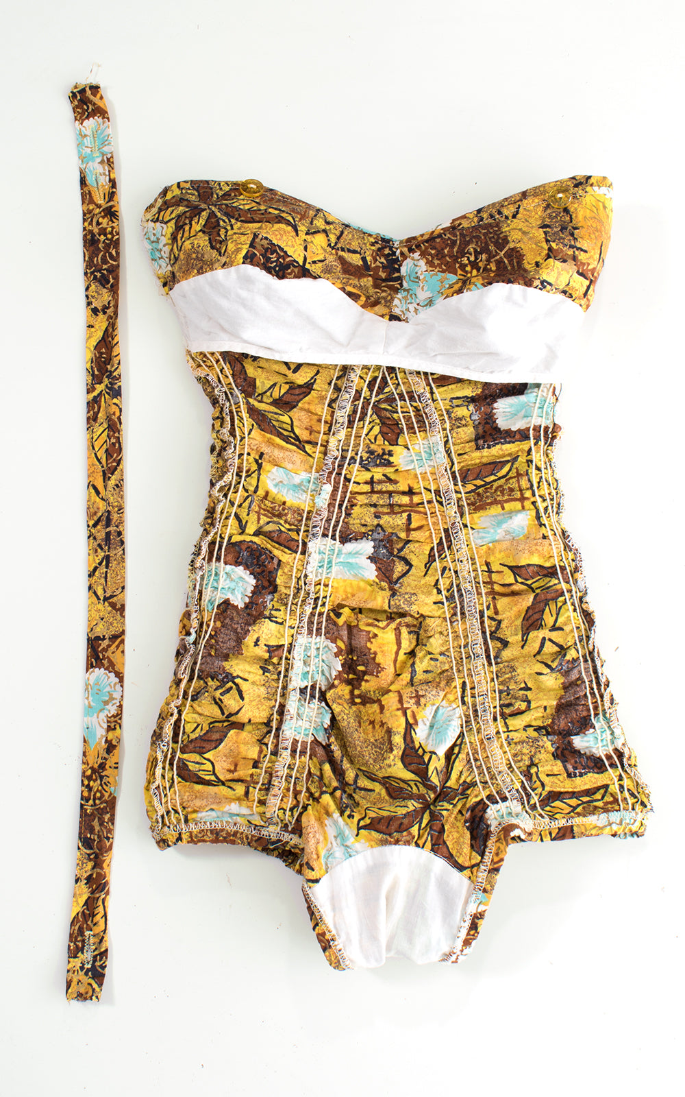 1950s Hawaiian Metallic Floral Smocked Swimsuit