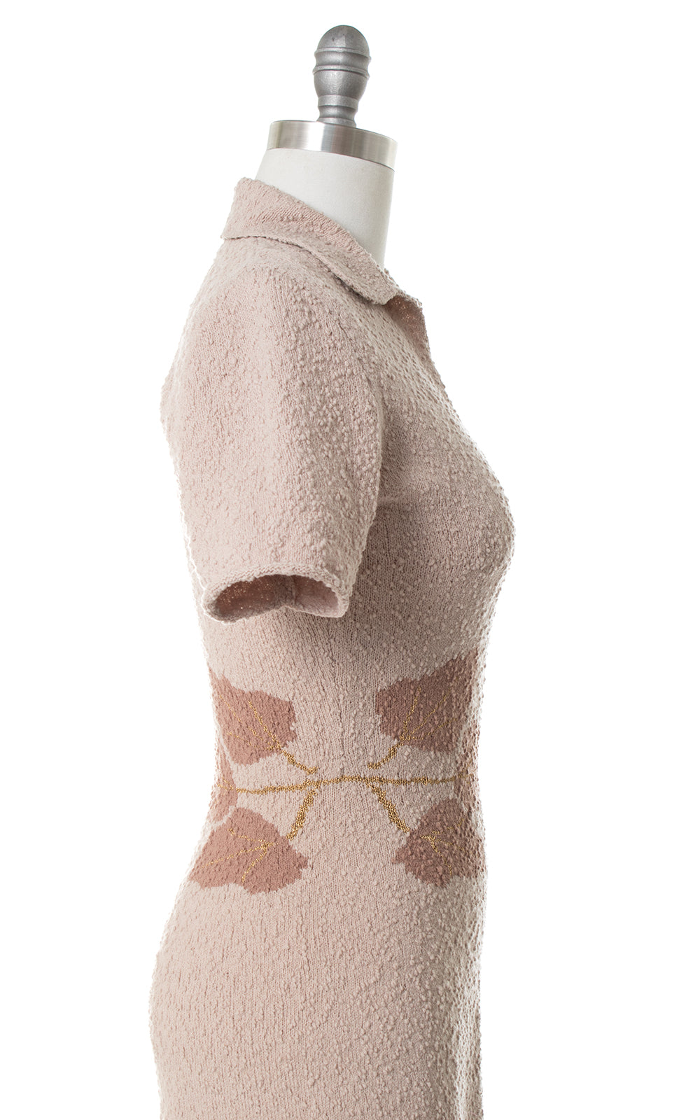 1950s Metallic Leaf Bouclé Knit Wool Sweater Dress