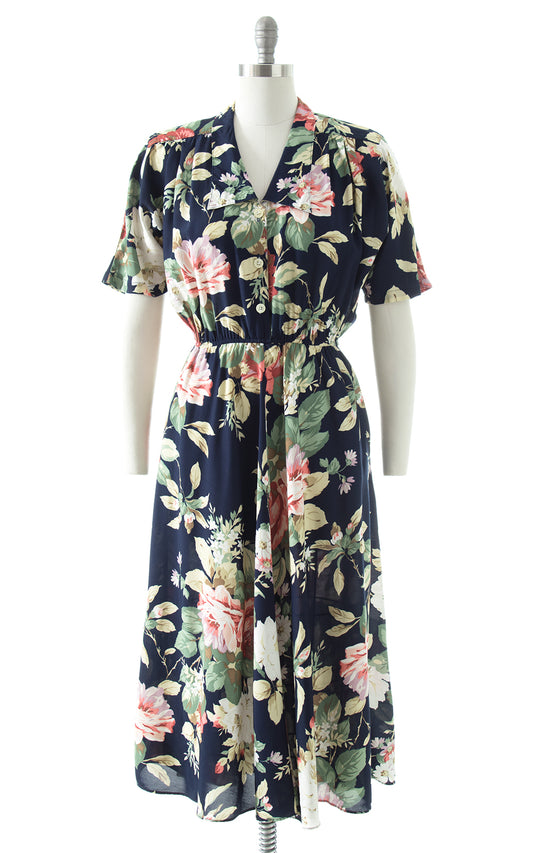 1980s Carol Anderson Rose Print Rayon Shirt Dress with Pockets