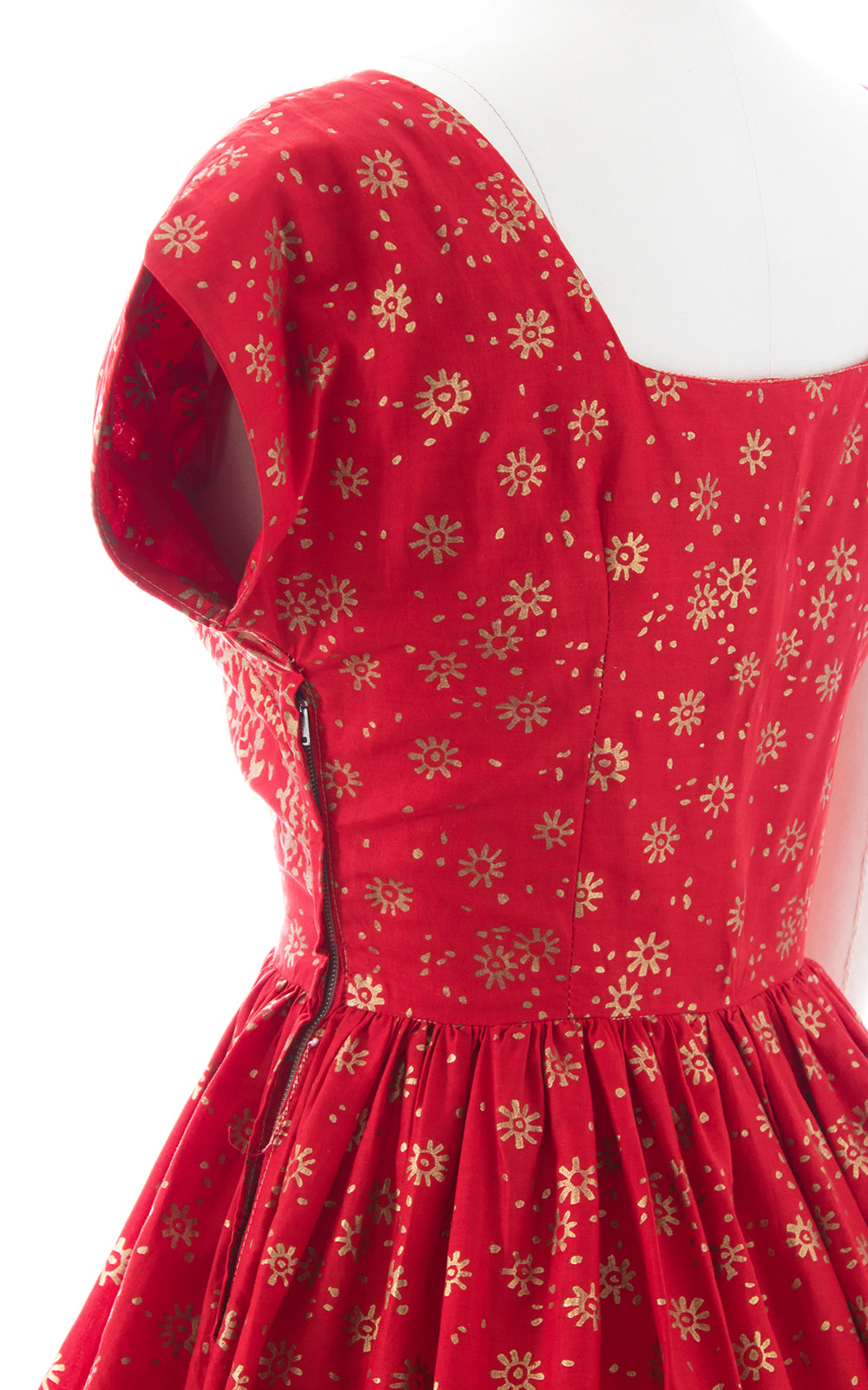 1950s Metallic Gold & Red Cotton Dress