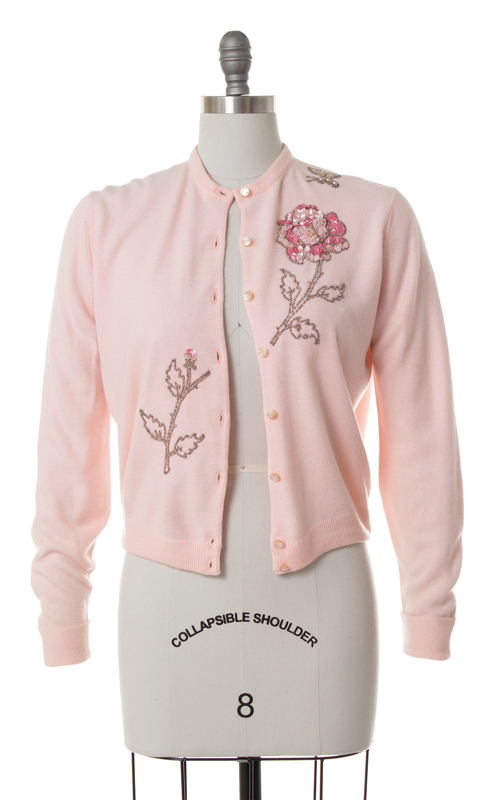 1950s Sequin Rose + Butterfly Pink Cardigan