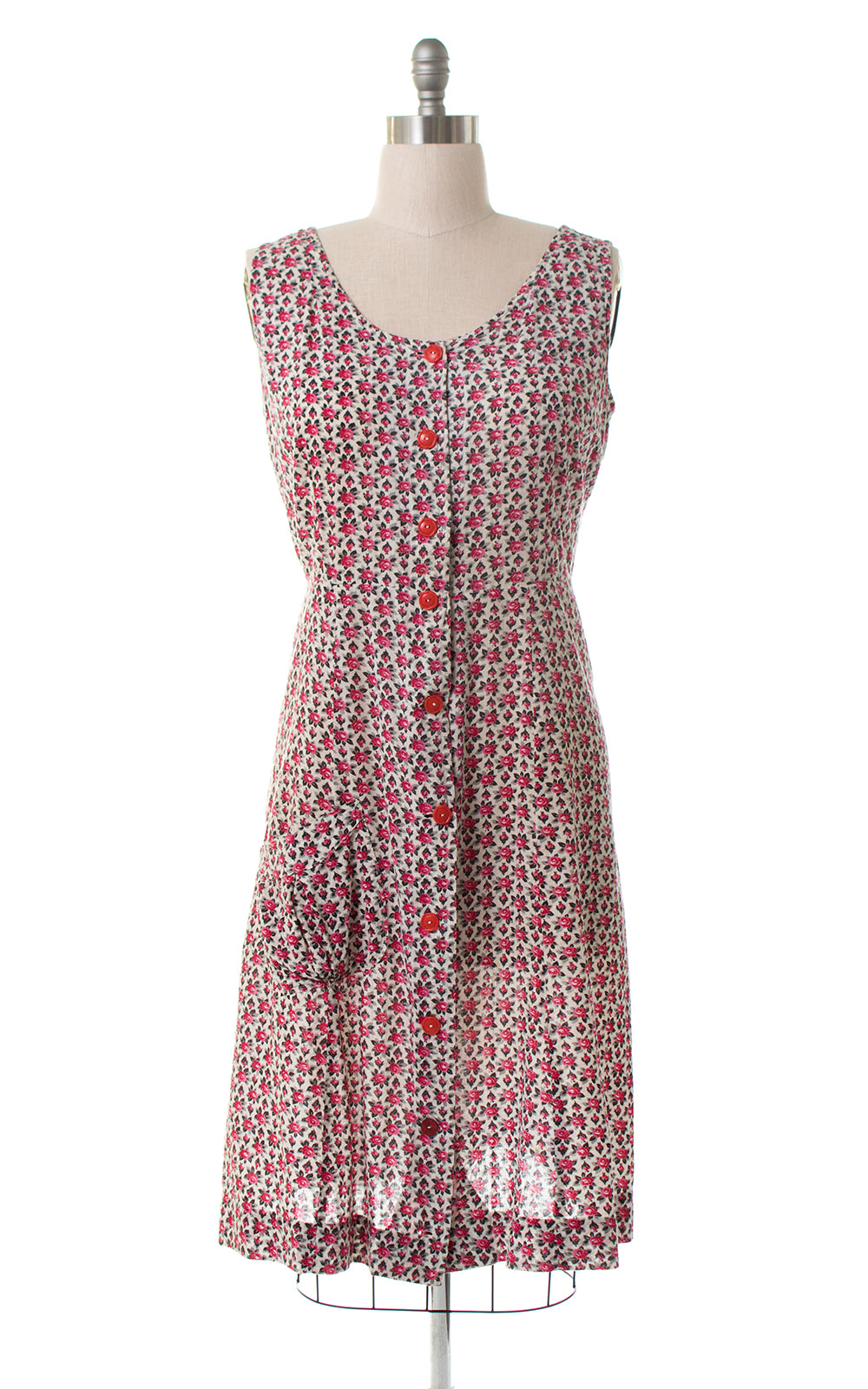 1940s Rose Print Cotton Shirtwaist Sundress