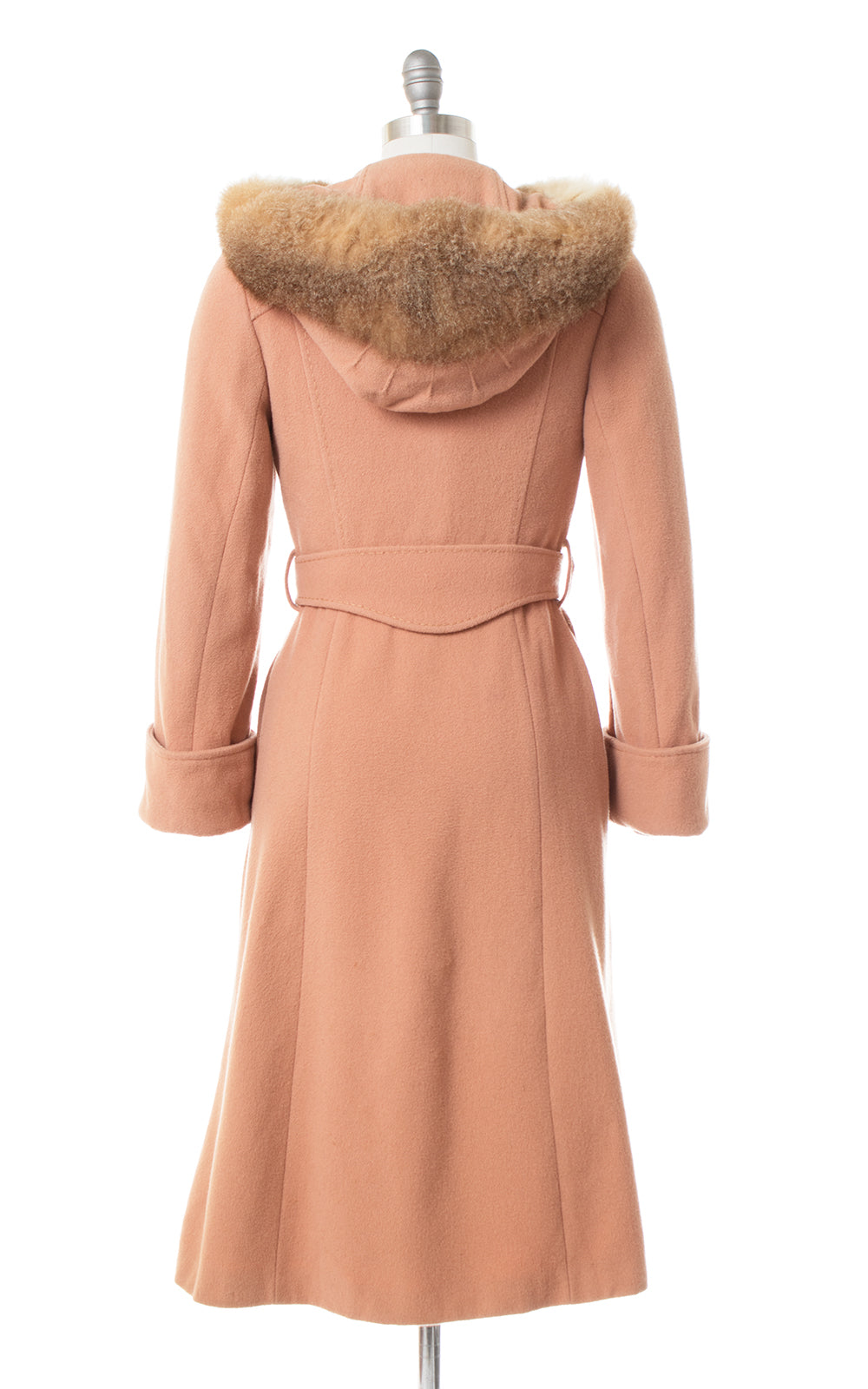 1970s Fur Hooded Dusty Rose Wool Princess Coat