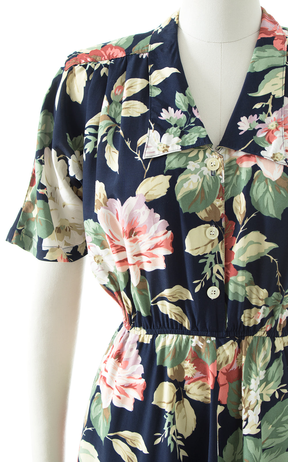 1980s Carol Anderson Rose Print Rayon Shirt Dress with Pockets