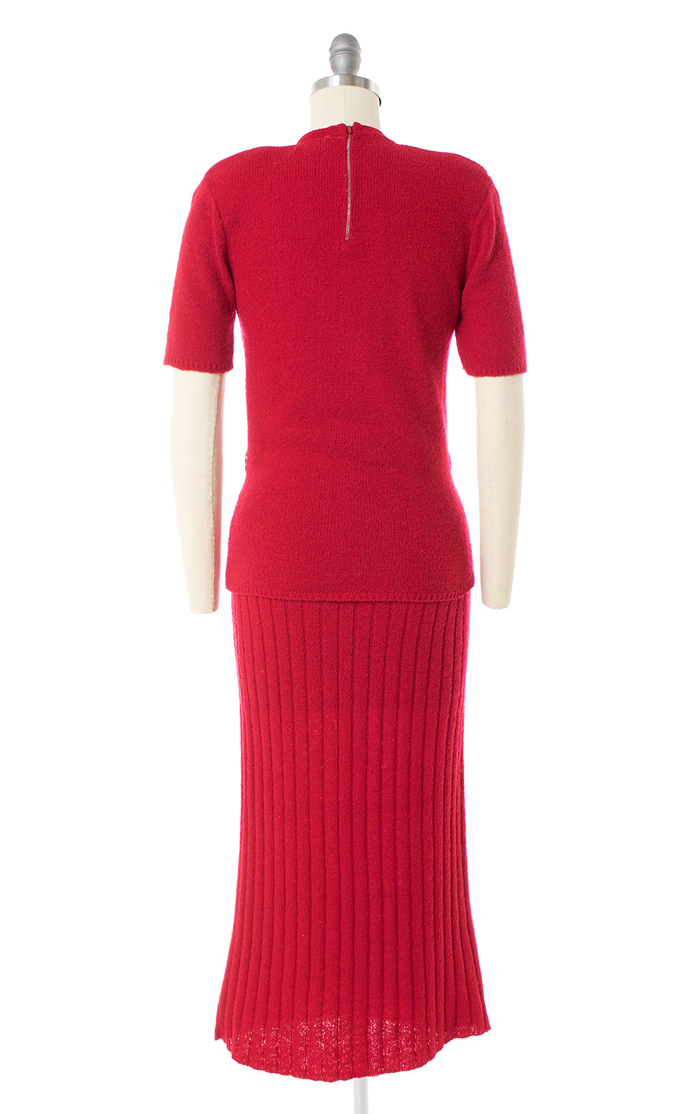 1940s 1950s Bright Red Knit Wool Sweater & Skirt Set